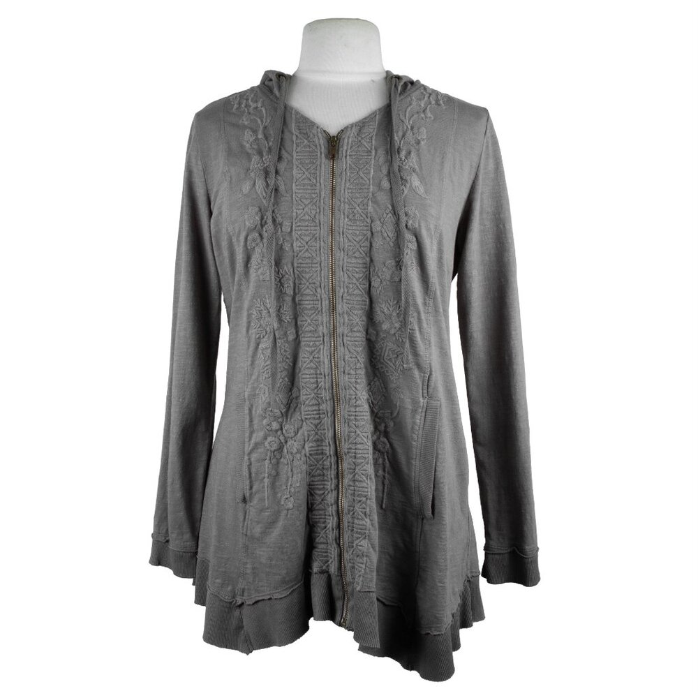 Soft Surroundings Corinna Hoodie Zip Front Jacket Gray Embroidered - Size Medium